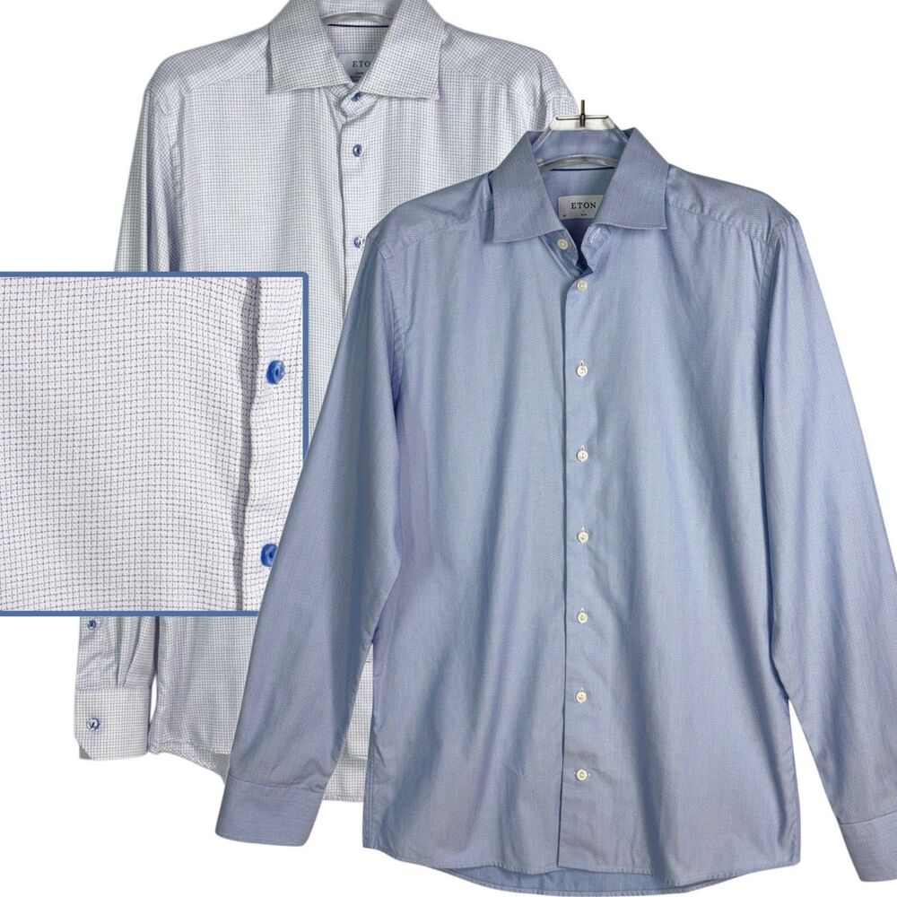 Eton Dress Shirts Size 15.5 39 Slim Fit Blue & Contemporary White Check Set of 2